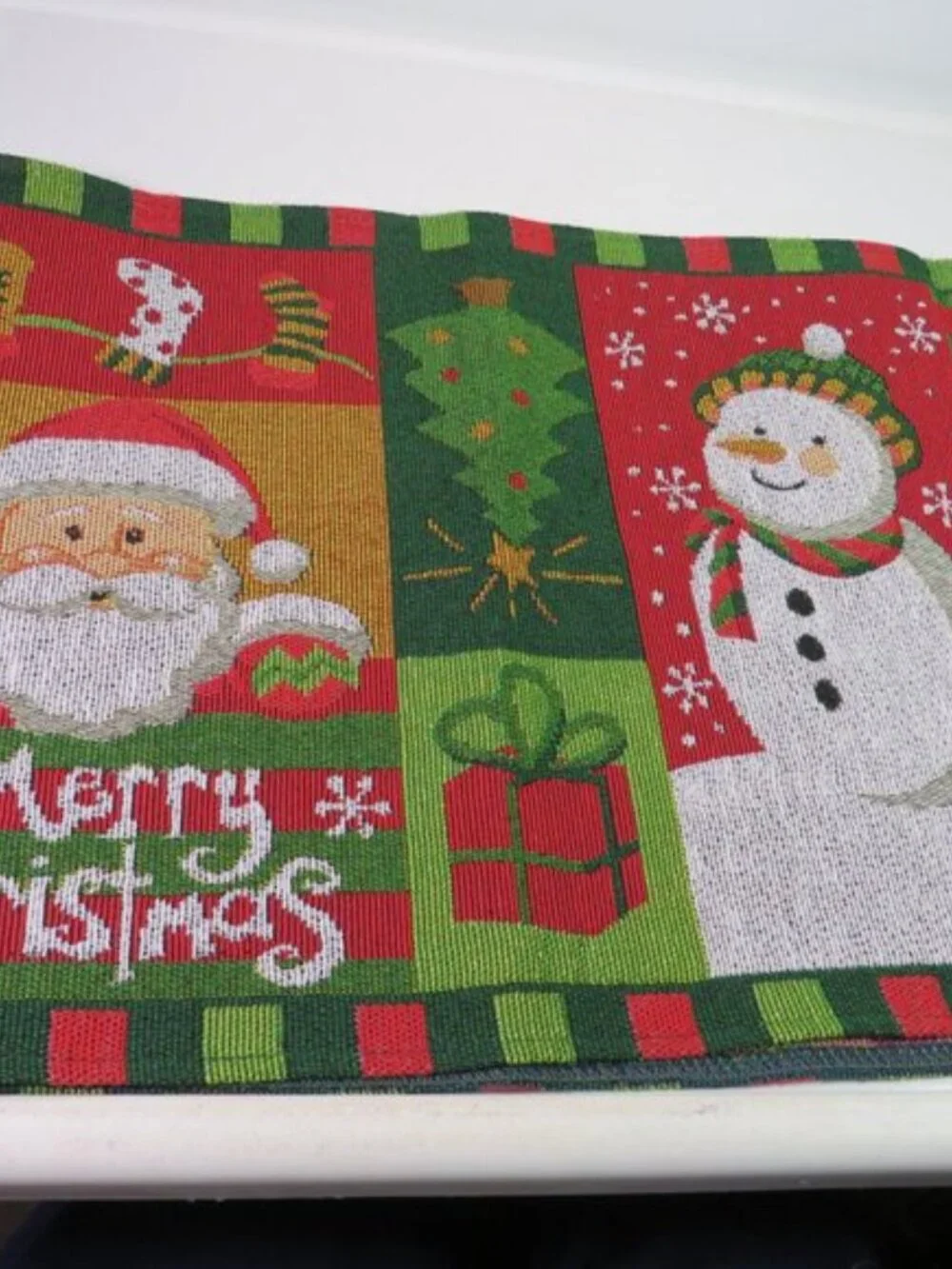 Santa & Snowman Merry Christmas Tapestry Table Runner Double Sided View 66x13